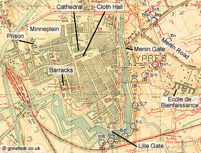 British Army Trench Map 28 N.W.4 showing Ypres, dated July 1918.