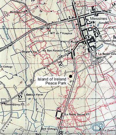 British Army trench map 28 S.W.4 Edition 3D showing the location of the Island of Ireland Peace Park