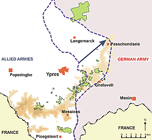 The Front Line (purple dashed line) at the end of the Third Battle of Ypres on 10 November 1917.