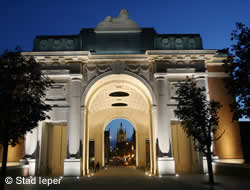 The Menin Gate Memorial looking through the eastern entrance towards the Cloth Hall in the city centre.