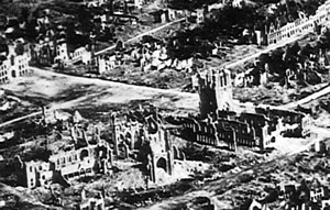 Aerial view of Ypres showing the destruction to the cathedral and Cloth Hall.