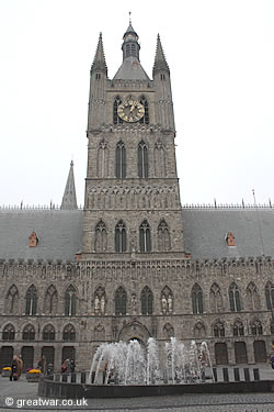 View of the belfry on the south facade of the Cloth Hall.