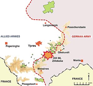 Location of the battle for the high ground of Hill 60, April 1915