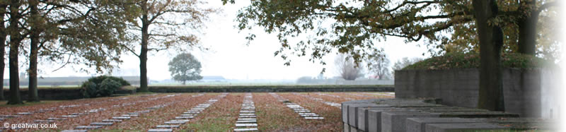 View of the cemetery looking north-west. One of the original German battlefield bunkers incorporated into the architecture of the cemetery is on the right of the photograph. View of the cemetery looking north-west. One of the original German battlefield bunkers incorporated into the architecture of the cemetery is on the right of the photograph.