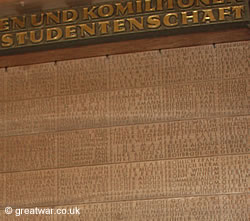 Names of soldiers known to be buried in Langemark but not identifiable are named on oak panels in the entrance building.