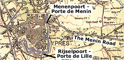 Map of Ypres 1914 with Menenpoort and Rijselpoort.
