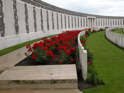 Portland stone panels record the names of the missing on the Tyne Cot Memorial.