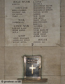 Names of Indian Army casualties on the Menin Gate Memorial.