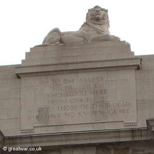 The lion lying on the eastern entrance to the Menin Gate Memorial.