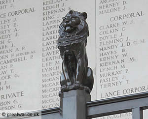 Detail of a lion on the balustrade of the south loggia with names of the missing at the Menin Gate Memorial, Ypres.