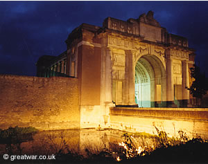 The Menin Gate Memorial at night.