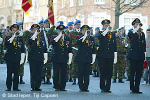 Buglers of the Last Post Association play Last Post and Reveille every evening at the Menin Gate.