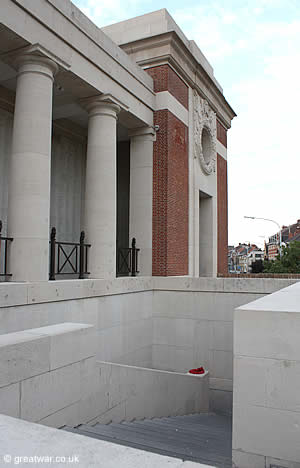 View of the southern staircase to the loggia on the southern side of the Menin Gate Memorial, Ypres.