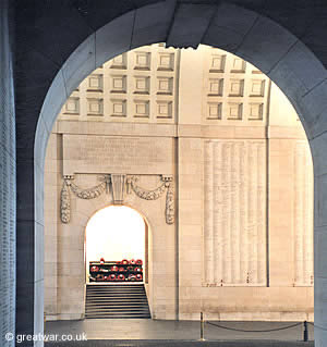 View of the southern stairway at the Menin Gate Memorial, Ypres.