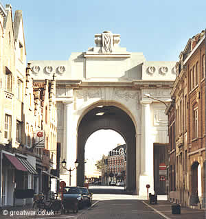 View of the Menin Gate Memorial from Meensestraat in Ypres.