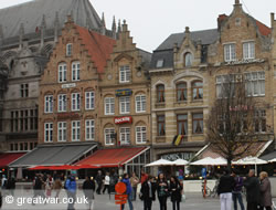 Gabled houses and cafes on the market square, Ypres.