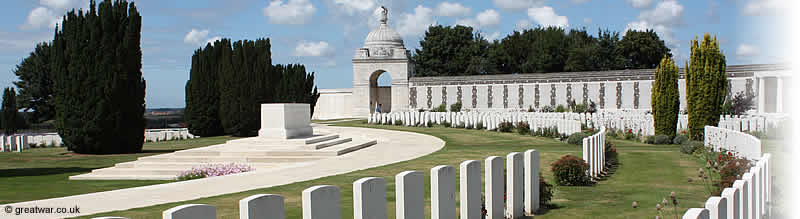 View of the War Stone and the Memorial to the Missing at the eastern end of Tyne Cot Cemetery.