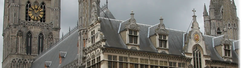 Detail of the Cloth Hall (Lakenhalle) in Ieper (Ypres), Belgium.