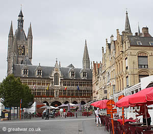 Cloth Hall and cafes in Ypres