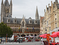 Cafes and restaurants on the market square of Ypres (Ieper).