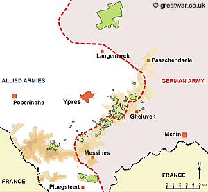 Map of the Front Line as it stablized after the First Battle of Ypres in October and November 1914 to form what became known as the Ypres Salient.